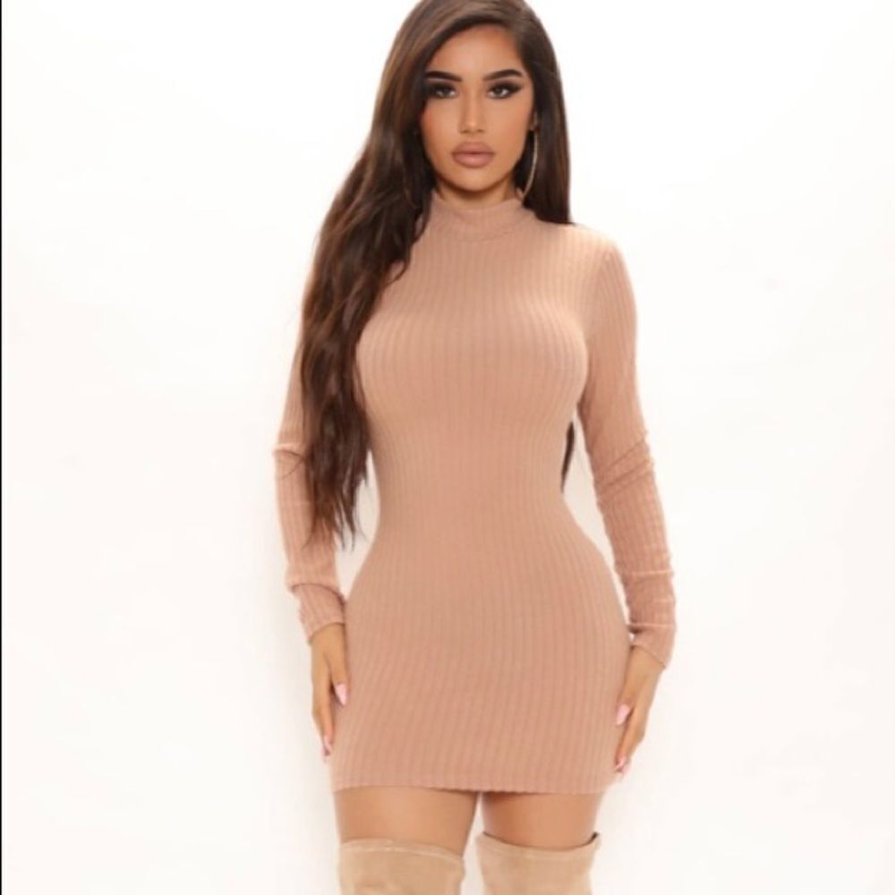 Nude Mock Neck Long Sleeve Dress
